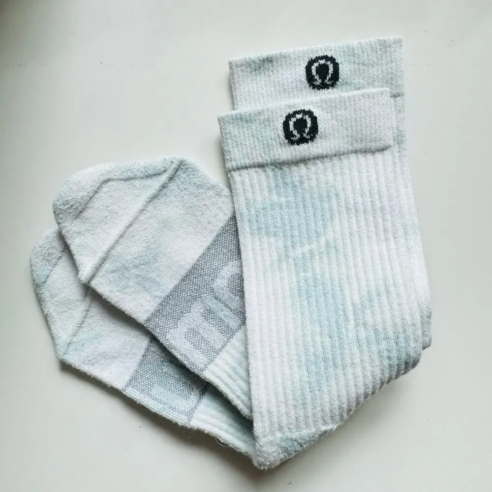 LULULEMON Blue White Grey Logo Tie Dye Cotton Yarn Crew Tall Tube Socks Unisex